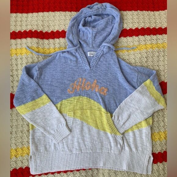 LOU & GREY ALOHA KNIT SWEATER HOODIE SUN WAVES PRINT SZ L OVERSIZED LOOK - Picture 3 of 11